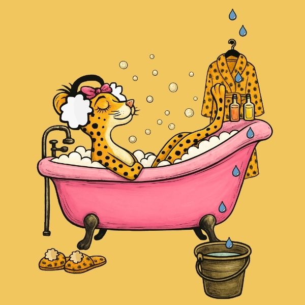 Ein Gepard mit pinker Schleife und Kopfhörern liegt in einer pinken Wanne und entspannt sich und blendet dabei alles andere aus.
