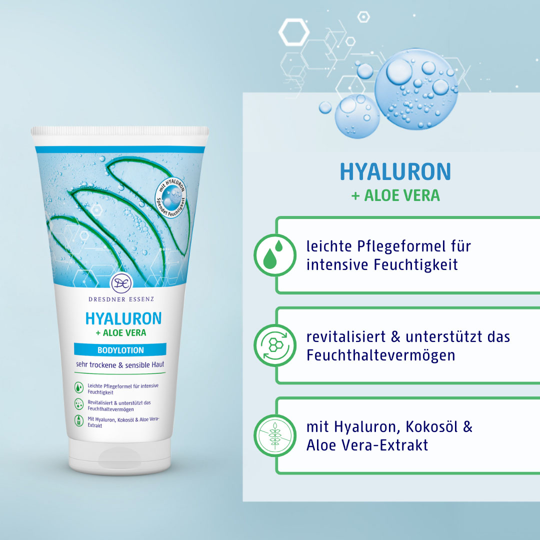Bodylotion mit Hyaluron mit leichter Pflegeformel für intensive Feuchtigkeit; revitalisiert und unterstuetzt das Feuchthaltevermögen; mit Hyaluron, Kokosoel und Aloe-Vera-Extrakt