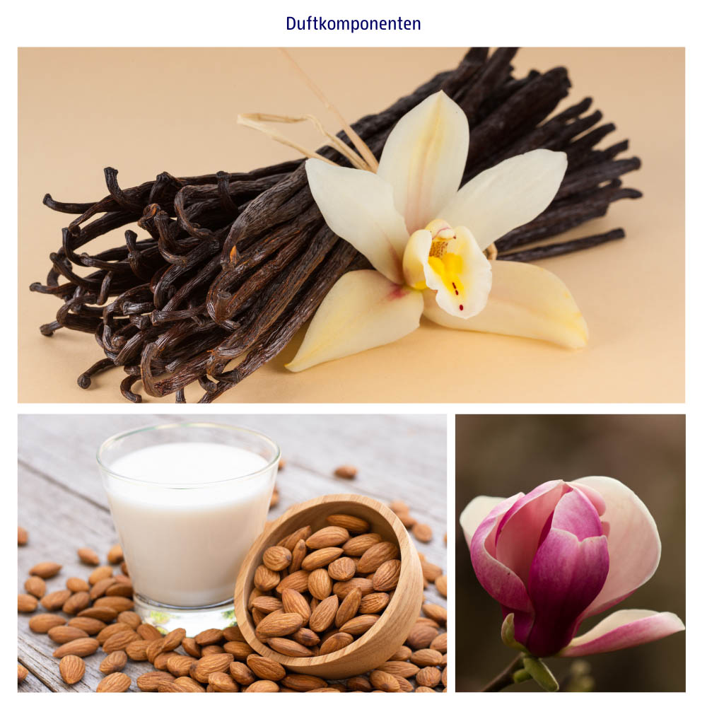 Abbildung der einzelnen Duftkomponenten Mandelmilch, Magnolie und Vanille