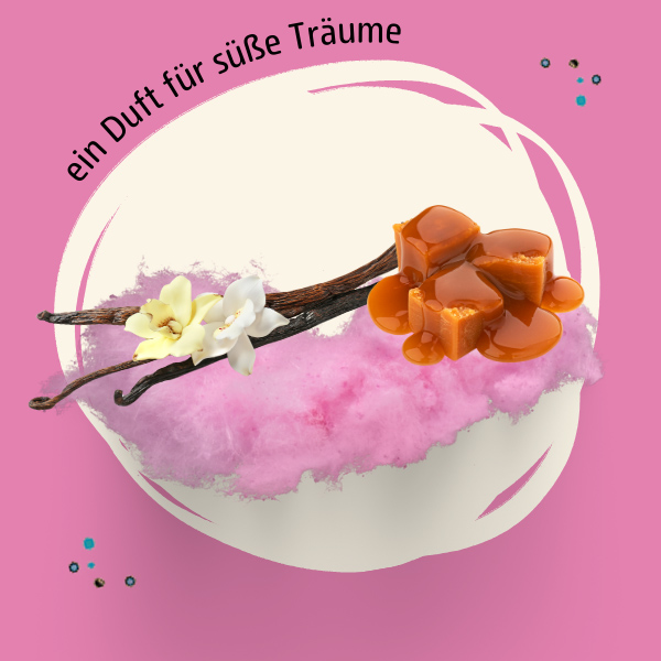 Abbildungen der Duftkomponenten Zuckerwatte, Karamell und Vanille und der Spruch "ein Duft fuer suesse Traeume"