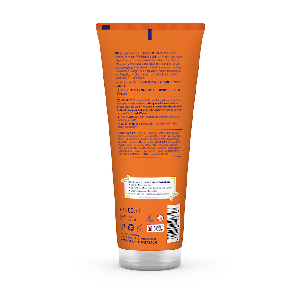 Produktbild Aroma-Booster Duschgel Happy (Rückseite)