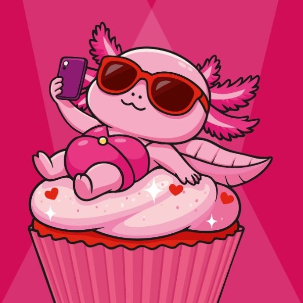 Ein pinkes Axolotl mit Sonnenbrille liegt auf einem pinken, glitzernden Cupcake und schaut dabei auf ein Handy.
