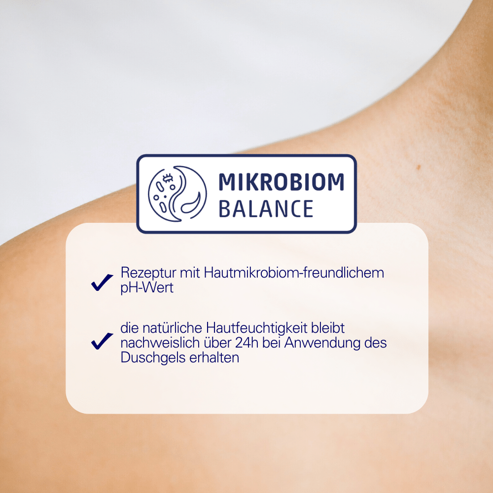 Mikrobiom Balance: Die natuerliche Hautfeuchtigkeit bleibt nachweislich ueber 24h bei Anwendung des Duschgels erhalten und die Rezeptur ist mit Hautmikrobiom-freundlichem pH-Wert